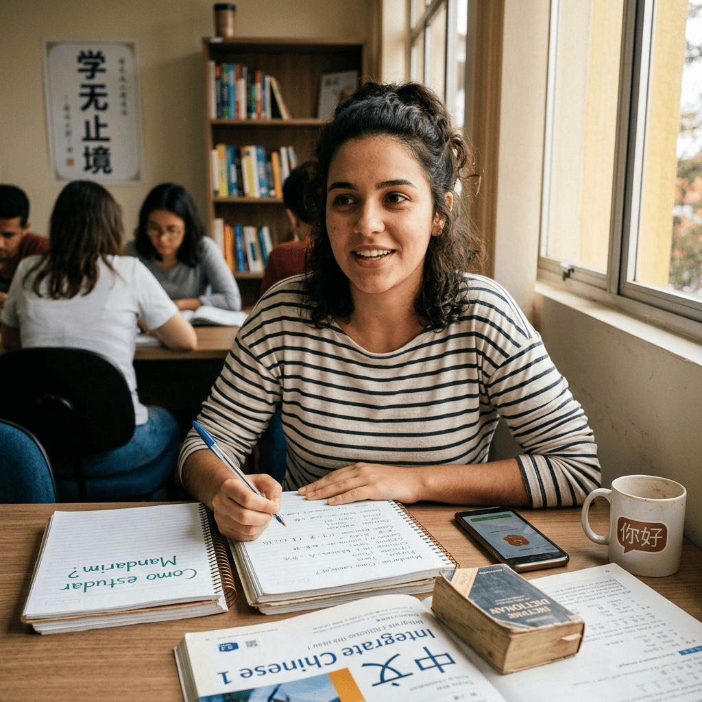 Student writing Mandarin notes beside textbooks, phone, and Chinese greeting mug